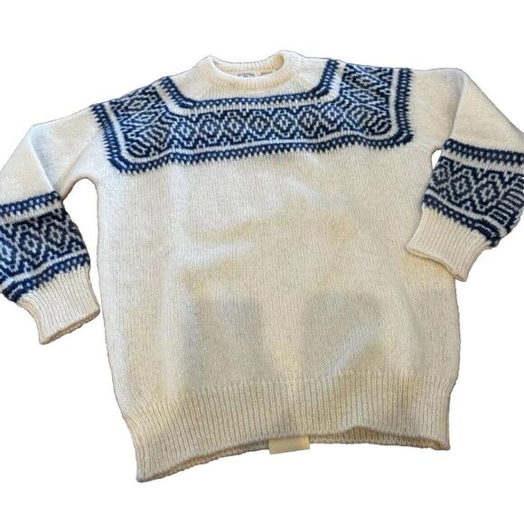 Vintage Alan Paine Women's Cream Blue Fair‎ Isle Sweater Sz 38/S All Wool NWT